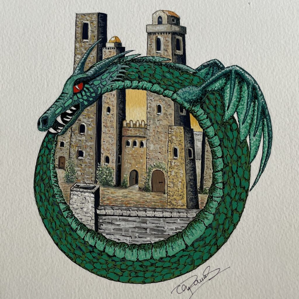 green ouroboros style wouivre encircling medieval towers