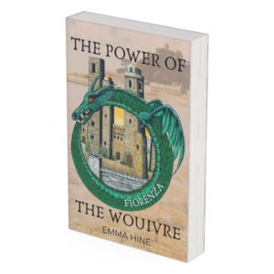 paperback book with medieval towers rising from within a green ouroboros with wings and red eye