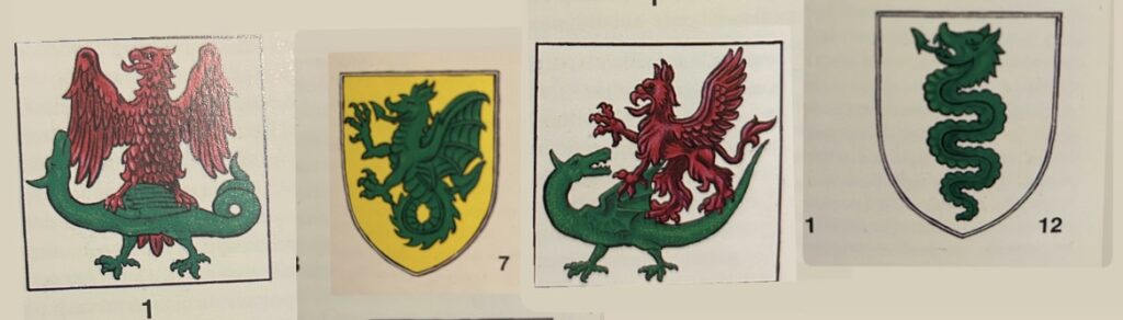 ghibelline heraldry showing green snakes and dragons - wouivre, some being attacked by other red mythological creatures