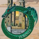 book cover with medieval towers rising from within a green ouroboros with wings and red eye