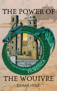 book cover with medieval towers rising from within a green ouroboros with wings and red eye