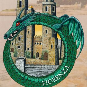 book cover with medieval towers rising from within a green ouroboros with wings and red eye