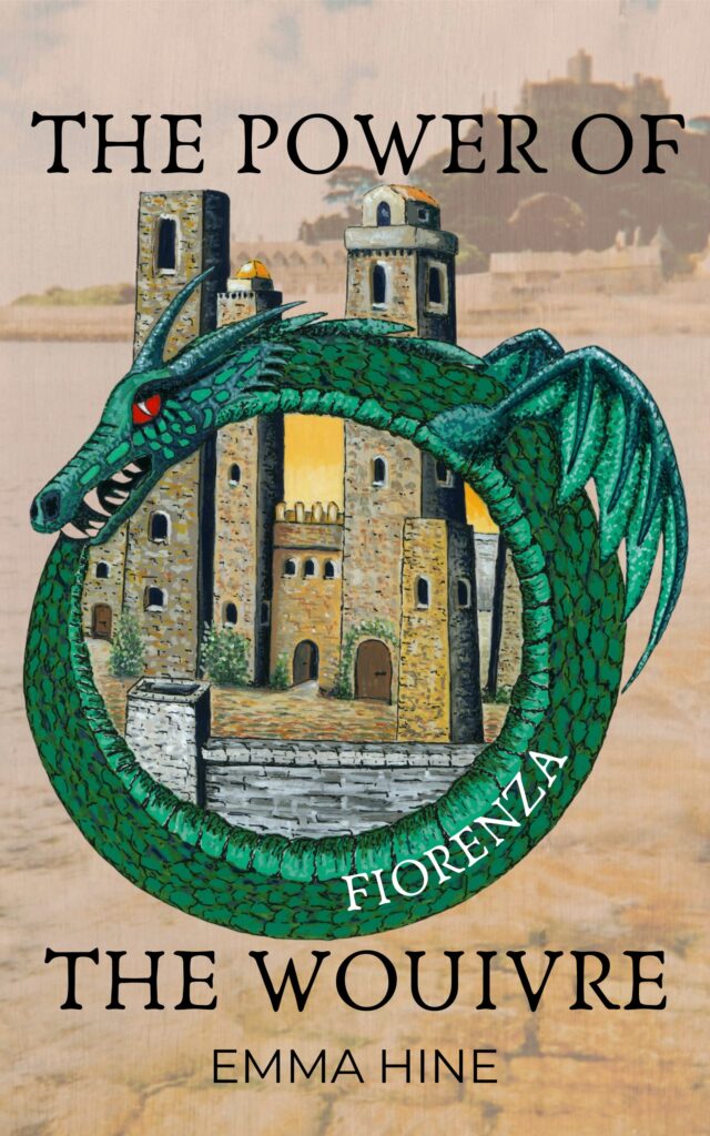 book cover with medieval towers rising from within a green ouroboros with wings and red eye