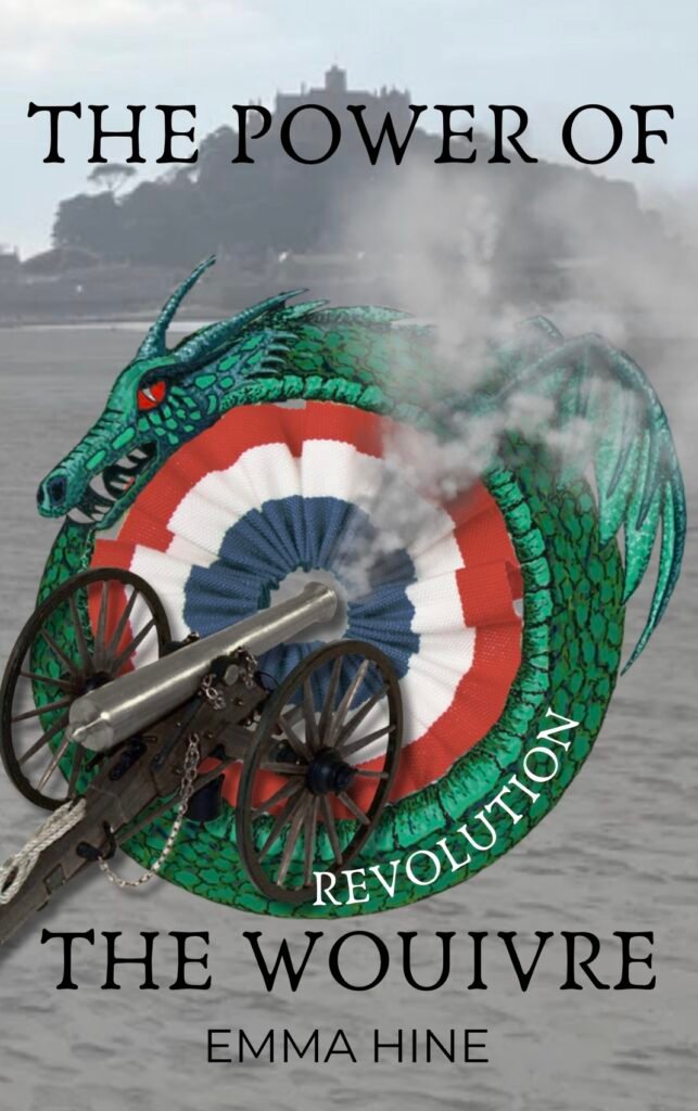 front cover of book with French Revolution rosette and a smoking cannon inside green snake. Entitled The Power of the Wouivre