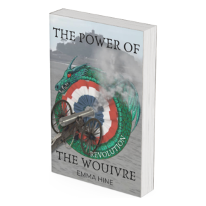paperback book with red, white and blue french cockade inside a green ouroboros with wings and red eye. A canon is shooting into the middle
